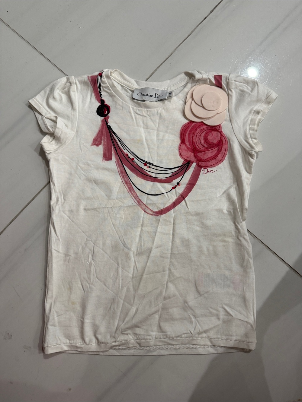 Girls  Dior White Short Sleeve Tee with Pink Floral & Necklace Graphic